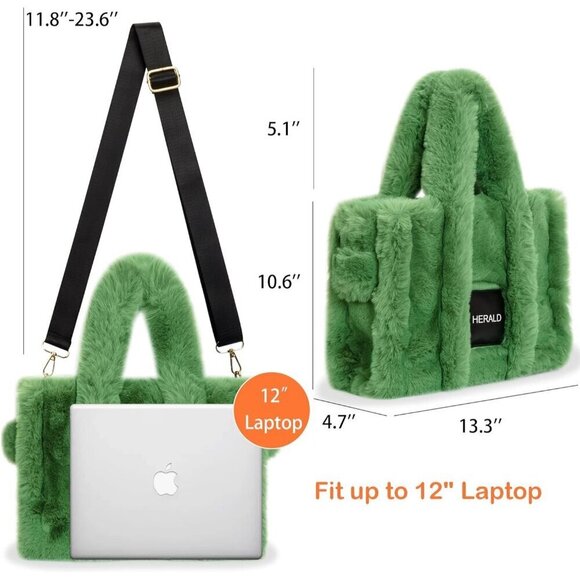 ✨Herald Women Green Tote Bag Soft Fluffy Fuzzy Furry Plush Handle Purse Handbag - Picture 4 of 8
